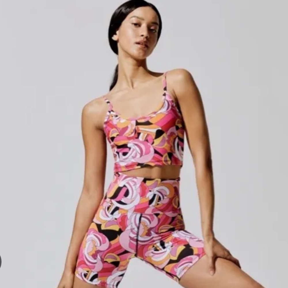Beach Riot psychedelic geo print biker shirt and bra top set
